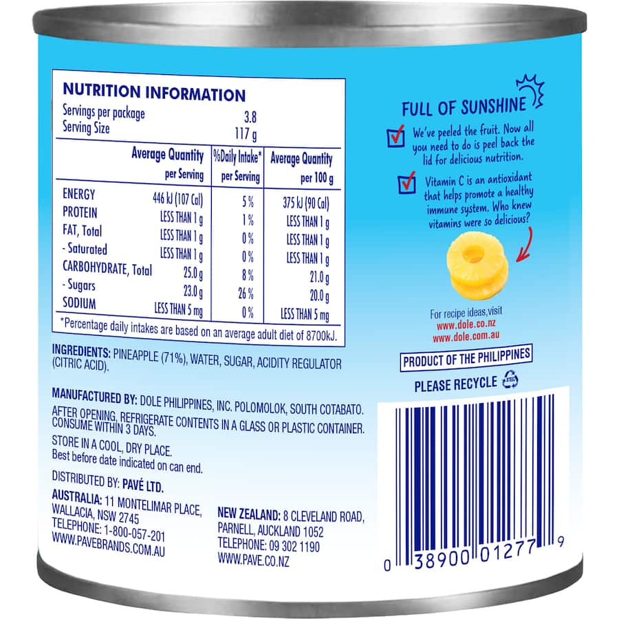 Dole Pineapple Slices In Juice Can 432g