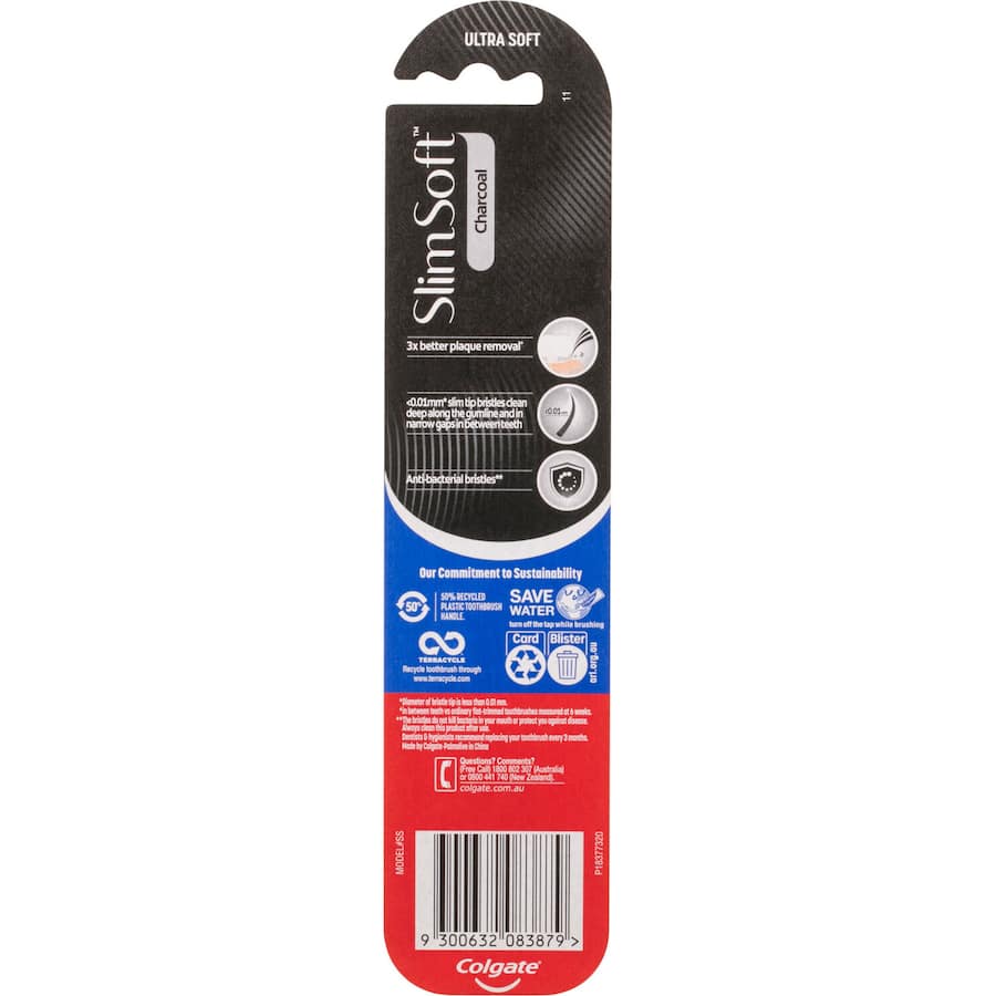 Colgate Slim Soft Toothbrush with charcoal-infused, soft bristles designed for effective cleaning and plaque removal.