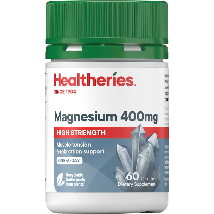 Healtheries Magnesium 1 A Day 400mg High Strength tablet for muscle relaxation, energy support, and calming stress relief.