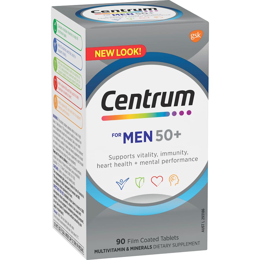 Centrum For Men 50+ multivitamins for heart, eye health, and vitality, rich in B vitamins and antioxidants for men's wellness.