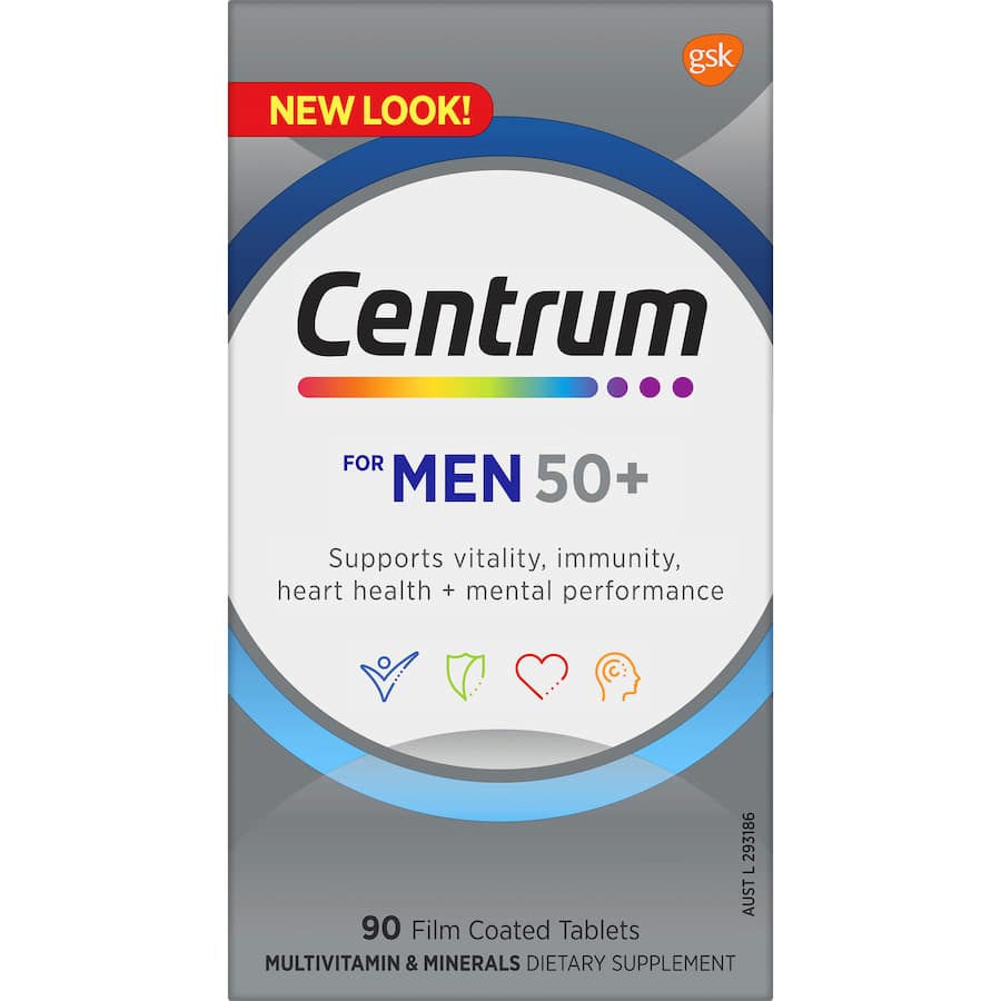 Centrum For Men 50+ multivitamins, enriched with B vitamins and antioxidants for heart, eye health, and vitality support.