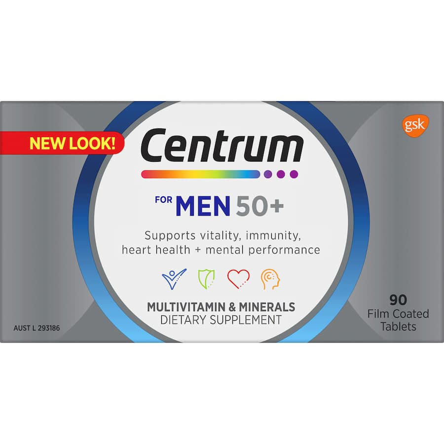 Centrum For Men 50+ daily multivitamin, supporting heart, eye health, mental clarity, and vitality for men over 50.