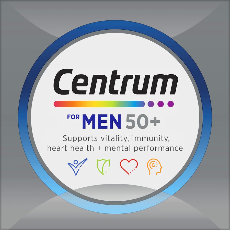Centrum For Men 50+ multivitamins, designed for heart, eye health, and vitality in men over 50, with essential vitamins and minerals.