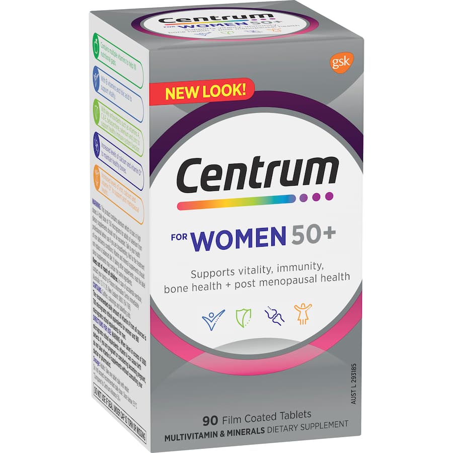 Centrum For Women 50+ multivitamins for optimal bone health, immunity, and vitality in women over 50.