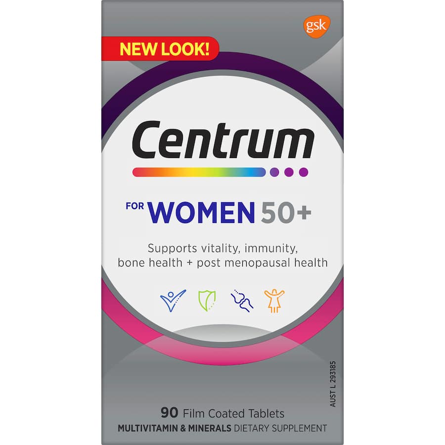 Centrum For Women 50+ multivitamins boost bone health and immunity with vitamins D, C, calcium, and iron for vibrant living.