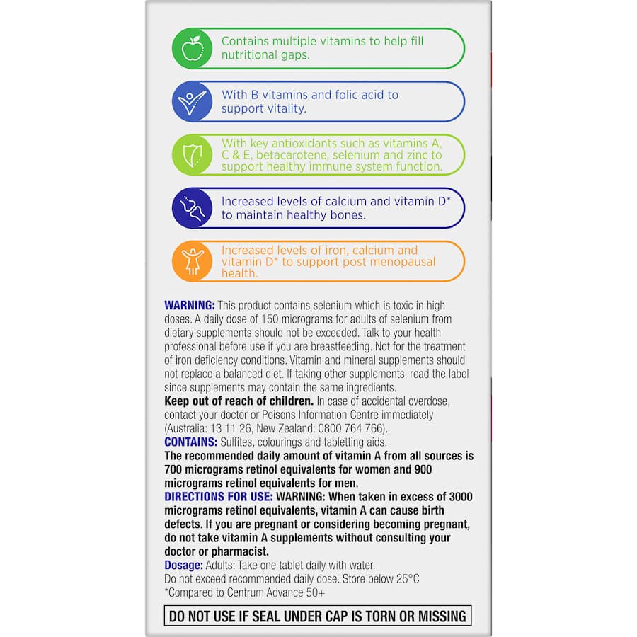 Centrum For Women 50+ multivitamin tablets for bone health, immunity, and mental performance, tailored for women over 50.