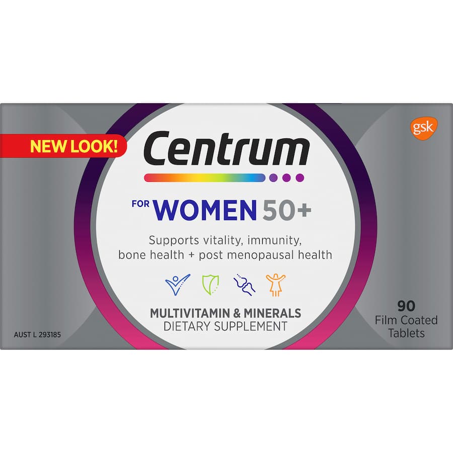Centrum For Women 50+ multivitamins, designed for post-menopausal health, bone support, immunity, and mental performance.