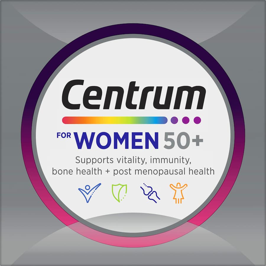 Centrum For Women 50+ multivitamins support bone health, immunity, and mental performance with essential vitamins and minerals.
