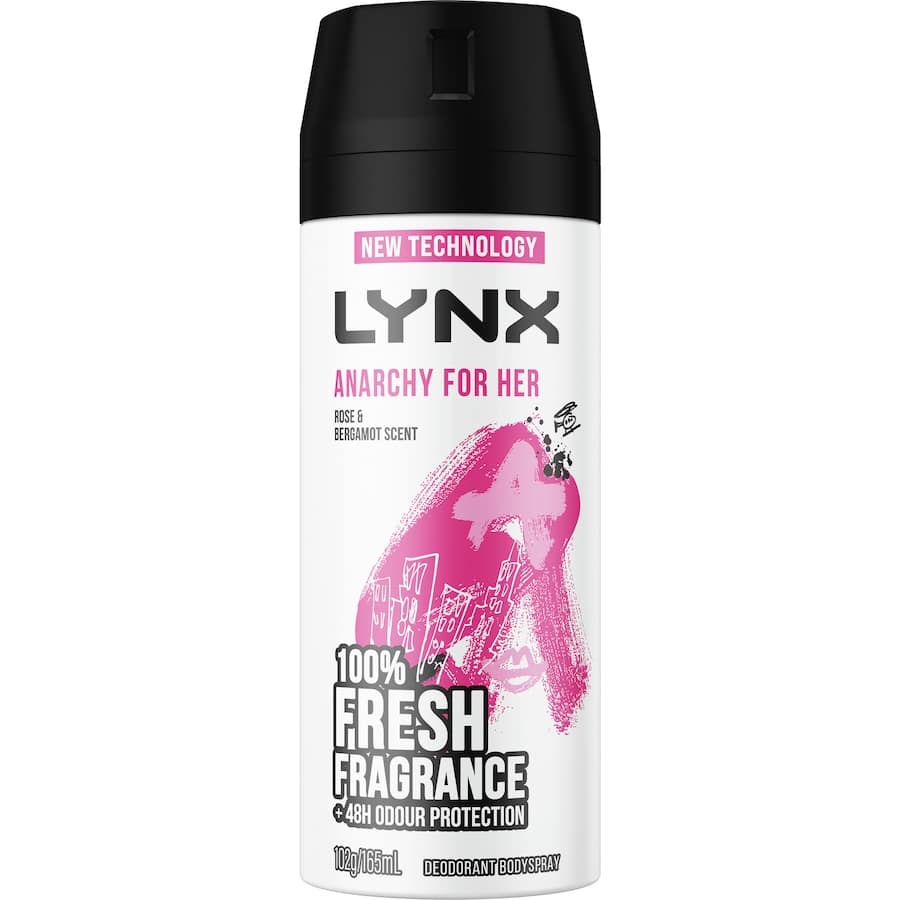 Lynx Deodorant Anarchy For Her spray, a vibrant rose and bergamot scent, promoting all-day freshness and confidence for women.