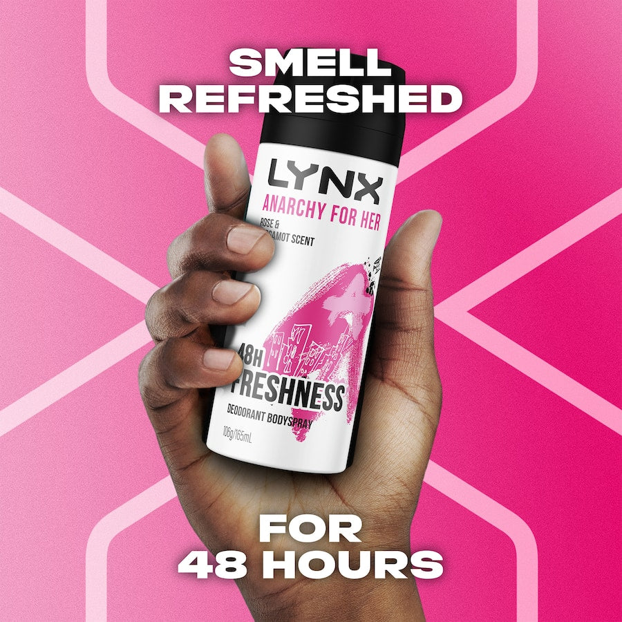 Lynx Deodorant Anarchy For Her: Fresh rose and bergamot spray for women, empowering confidence and all-day freshness on the go.