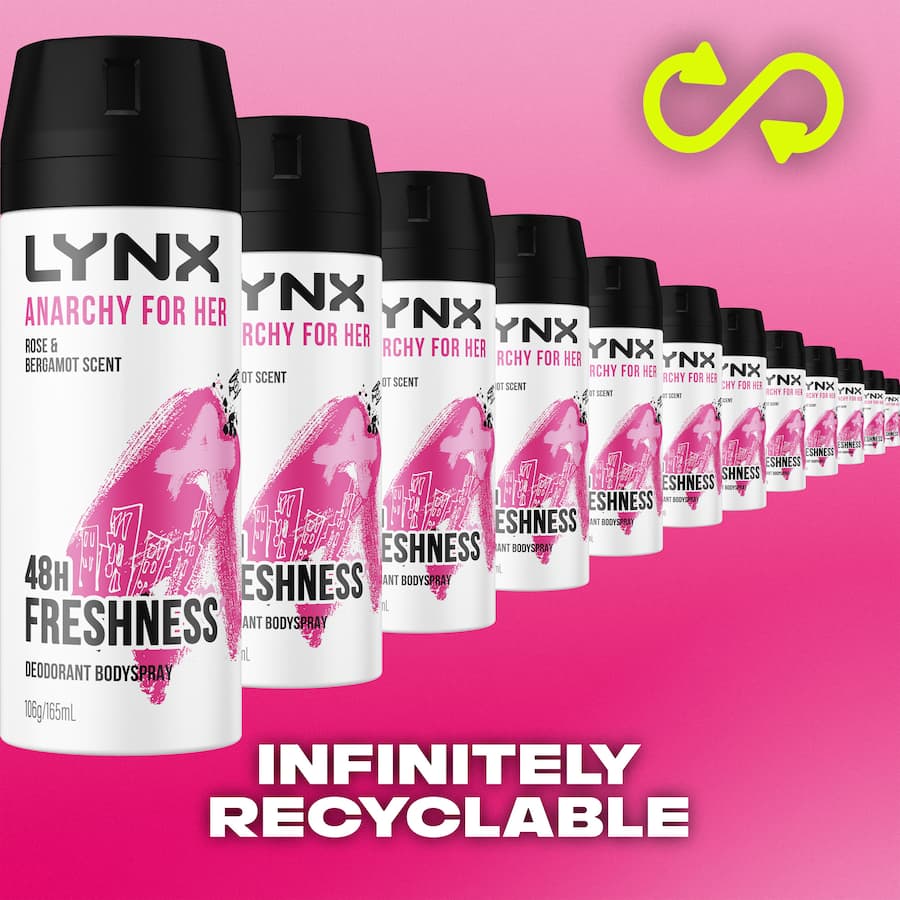Lynx Deodorant Anarchy For Her: a portable, fresh body spray with rose and bergamot scent, empowering confident all-day wear.