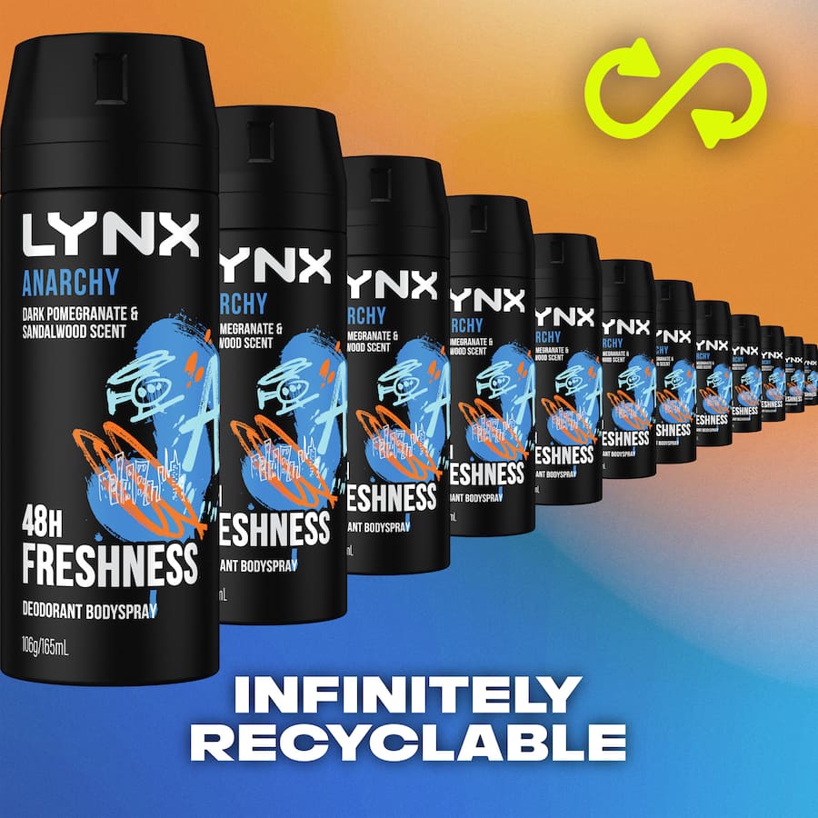 Lynx Anarchy for Him deodorant spray featuring dark pomegranate and sandalwood offers 48-hour freshness and odour protection.