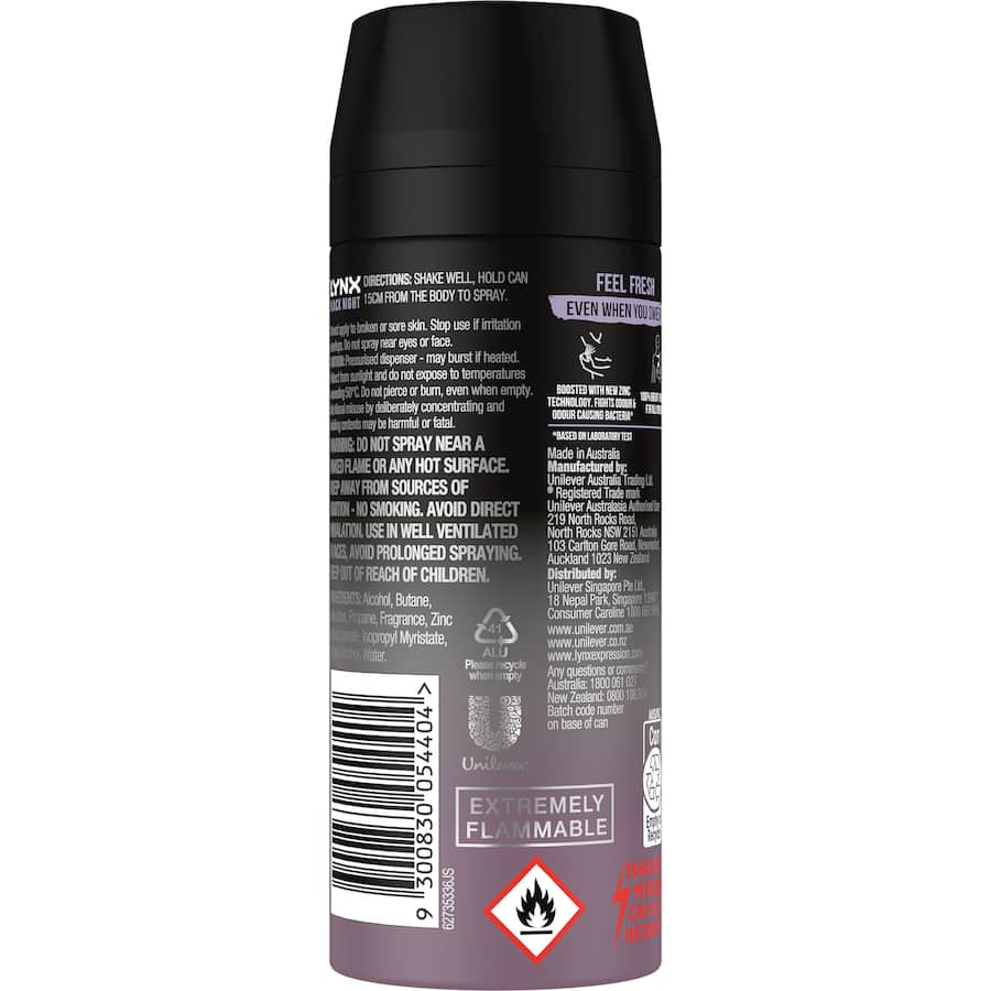 Lynx Black Night Deodorant Body Spray featuring cool mint and cedarwood scent for 48-hour odor protection.