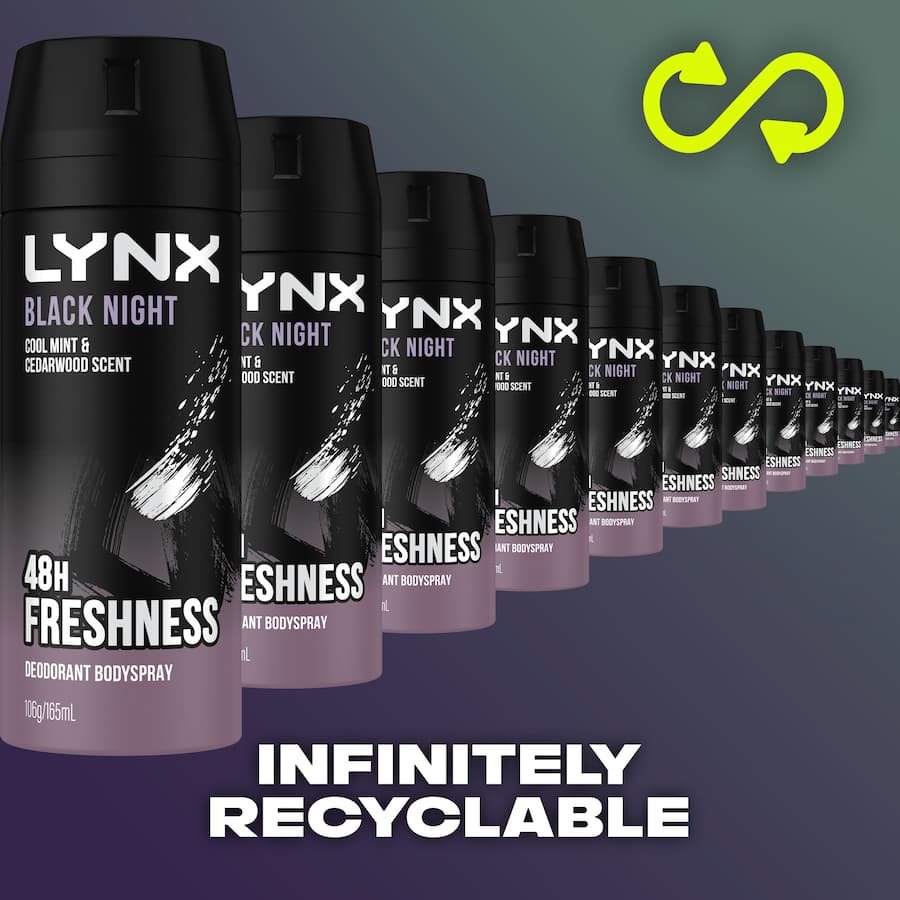 Lynx Black Night Deodorant Body Spray features mint and cedarwood scent for 48-hour odor protection, boosting confidence and freshness.