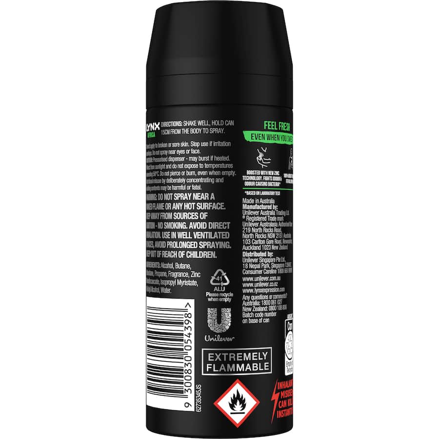 Lynx Africa Deodorant Body Spray featuring mandarin and sandalwood, offering 48-hour odor protection in eco-friendly packaging.