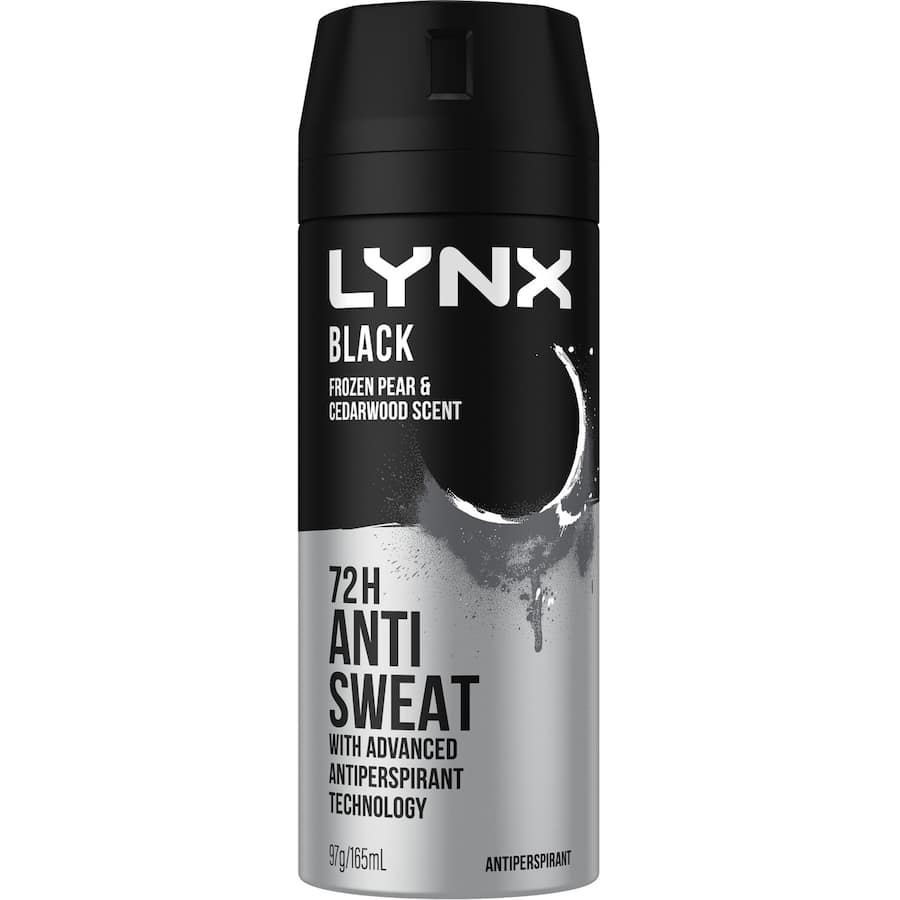 Lynx Black Antiperspirant Deodorant spray in a recyclable can, offering 72-hour sweat protection with cedarwood and pear scent.