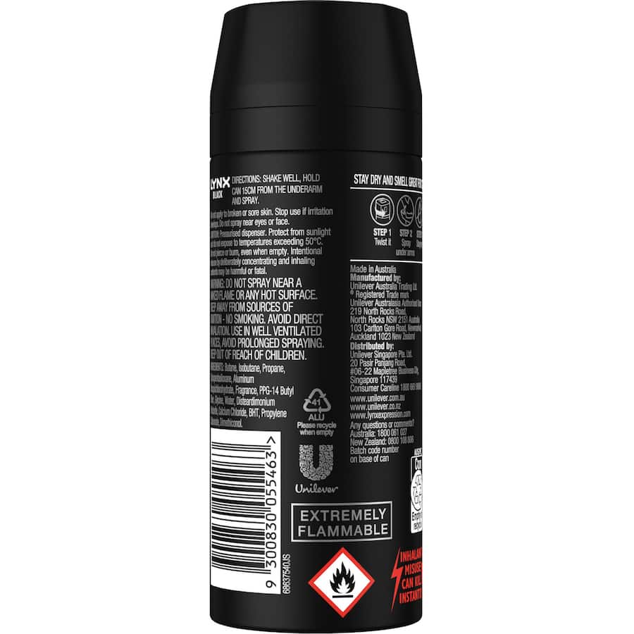 Lynx Black Antiperspirant Deodorant: long-lasting sweat protection, cedarwood and pear scent, convenient aerosol, eco-friendly packaging.