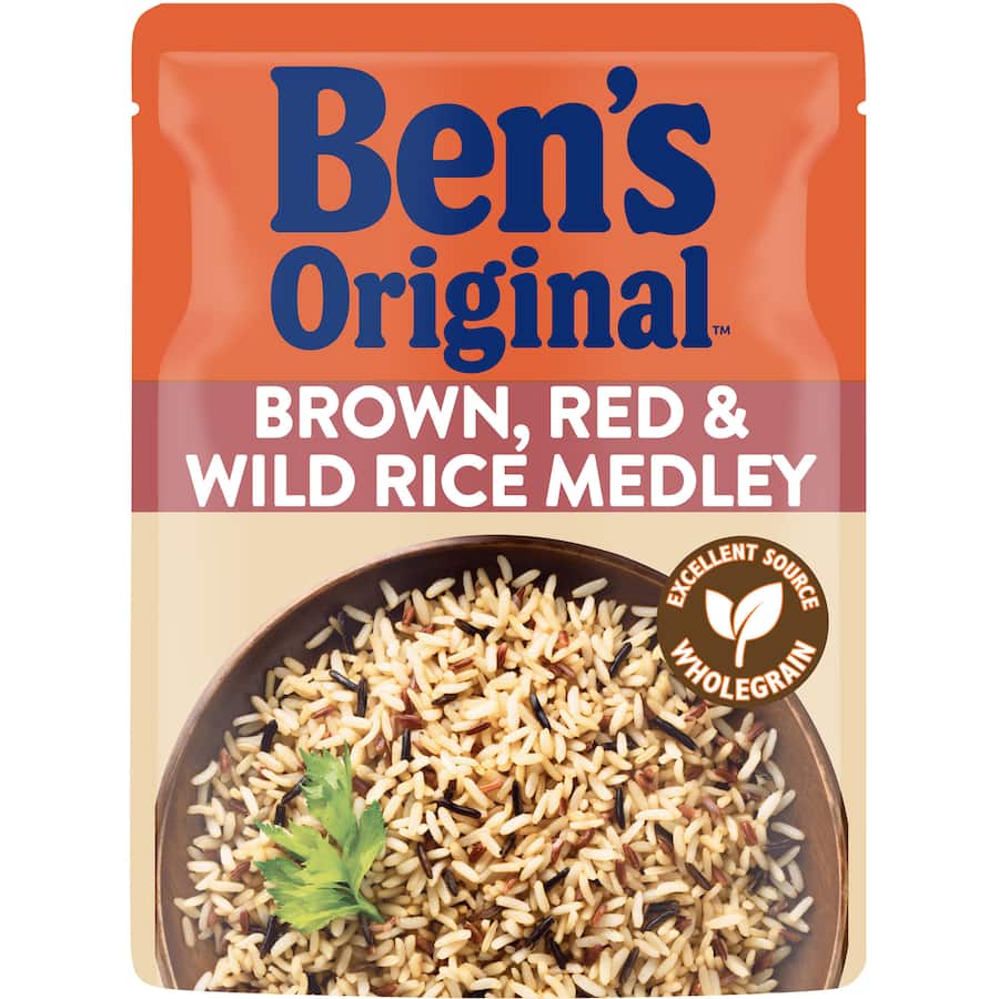 Gourmet brown, red, and wild rice medley, ready in 90 seconds; perfect base for healthy meals or side to proteins.