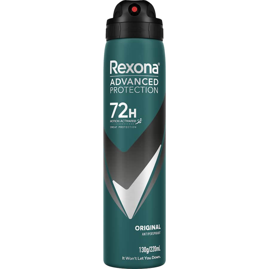 Rexona For Men Advanced Original deodorant offers 72 hours of sweat protection with motion-activated freshness technology.
