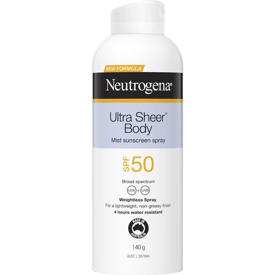 Neutrogena Ultra Sheer Sunscreen Mist SPF 50+, lightweight, non-greasy, water-resistant, offers broad-spectrum UV protection.