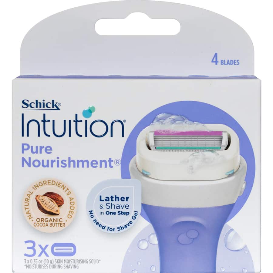 Schick Intuition Razor Blades with moisture-rich formula for a smooth, nourishing, and comfortable shave, ideal for sensitive skin.
