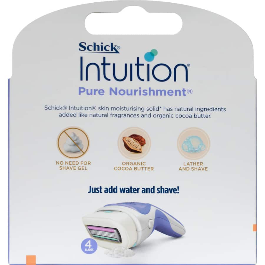 Schick Intuition Razor Blades Pure Nourishment for a smooth, nourishing shave with built-in hydration and skin-soothing ingredients.