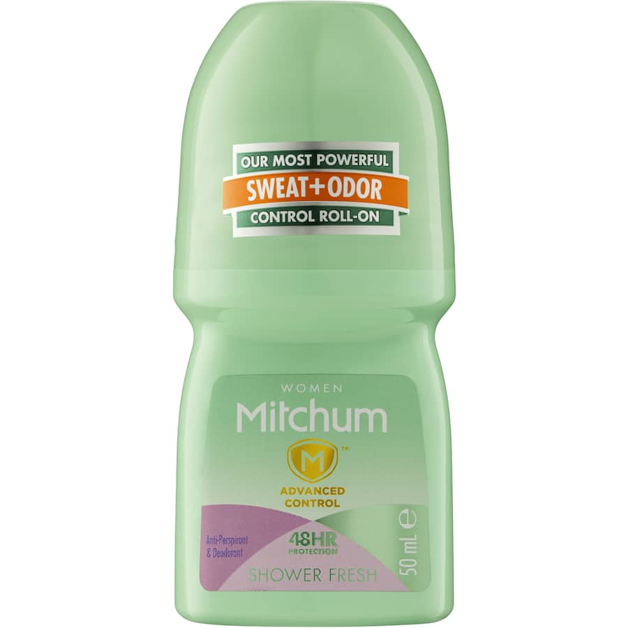 Mitchum Roll On Shower Fresh deodorant for long-lasting sweat and odor protection, with an invigorating fresh scent.