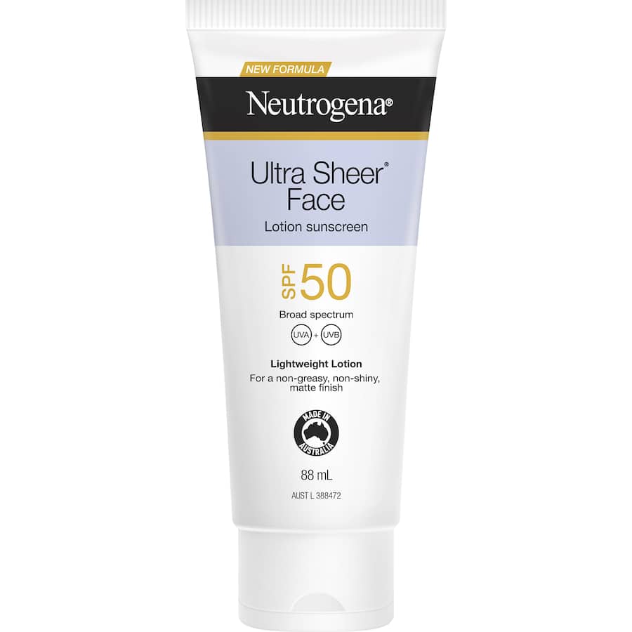 Neutrogena Ultra Sheer Sunscreen Face Lotion SPF 50+ offers lightweight, broad-spectrum sun protection for sensitive skin.
