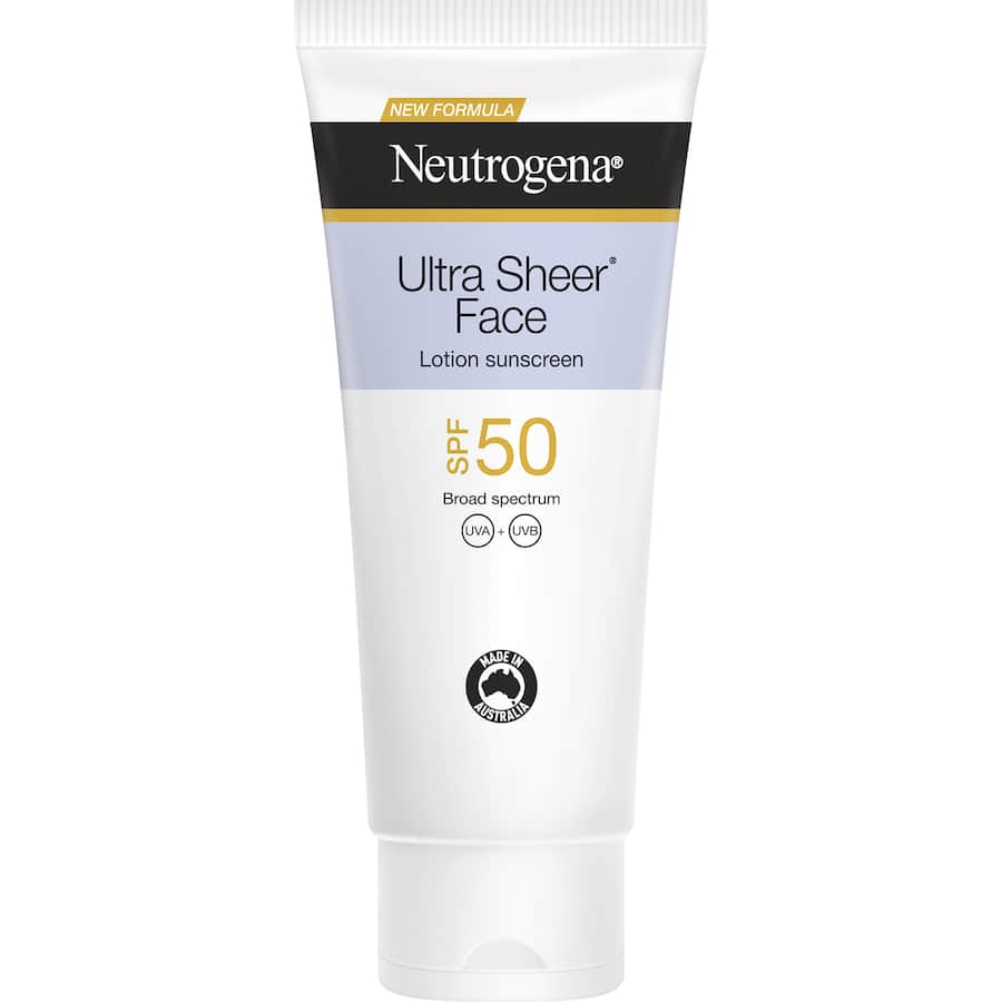 Neutrogena Ultra Sheer Sunscreen Face Lotion SPF 50+, lightweight, non-comedogenic, with broad-spectrum UVA/UVB protection.