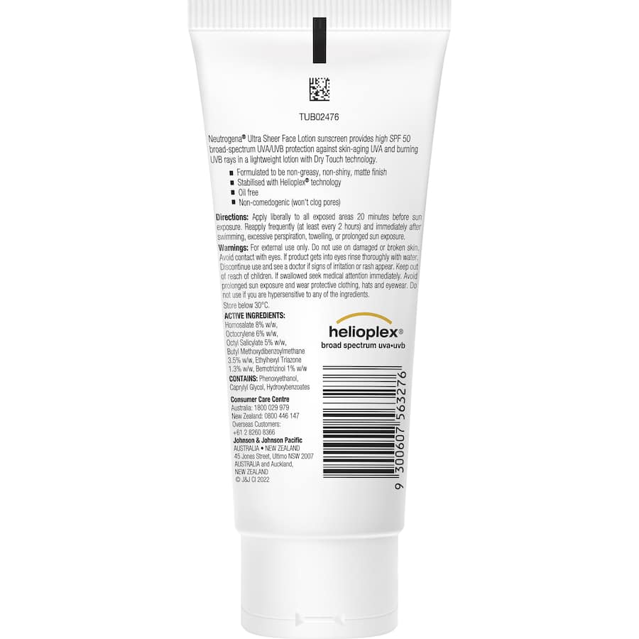 Neutrogena Ultra Sheer Sunscreen Face Lotion SPF 50+ offers lightweight, non-comedogenic sun protection with a matte finish.