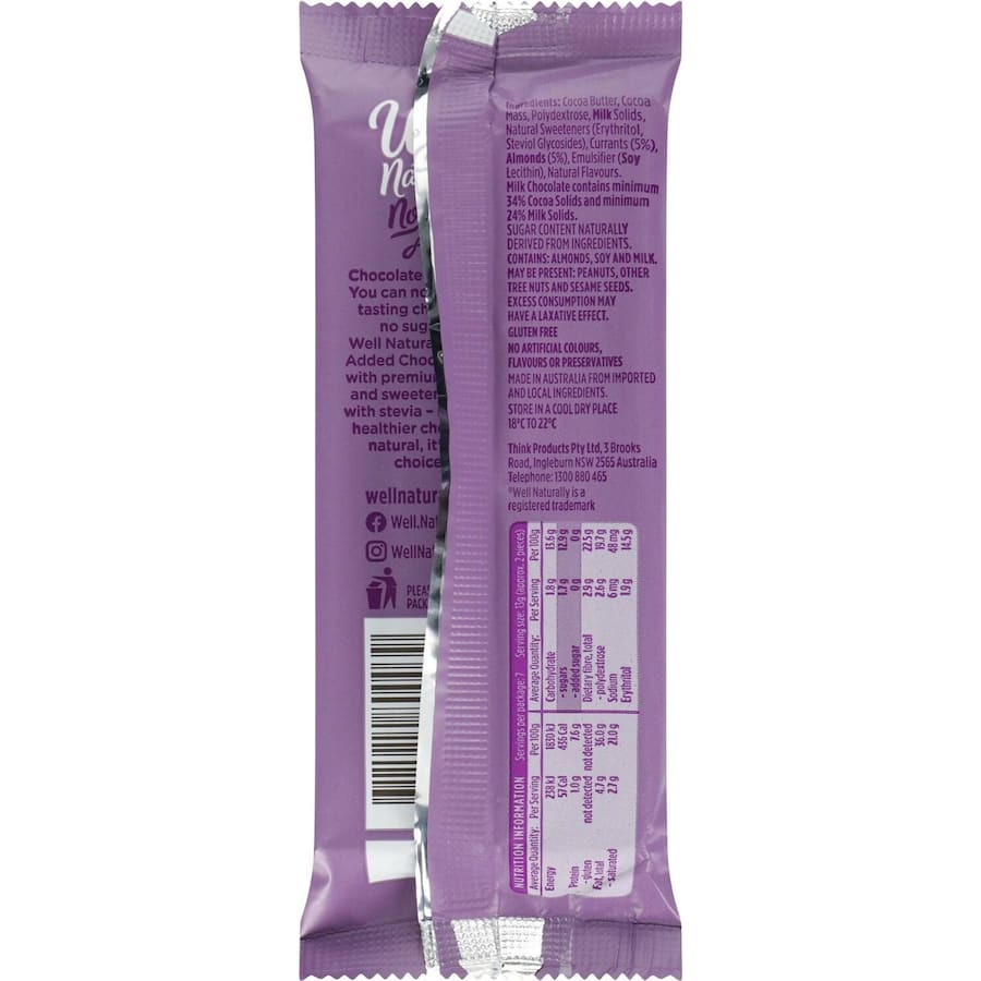 Well Naturally No Sugar Added Snack Bar Milk Chocolate Fruit & Nut 90g