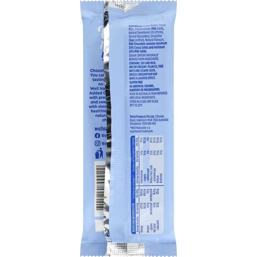 Well Naturally No Sugar Added Snack Bar Milk Chocolate 90g