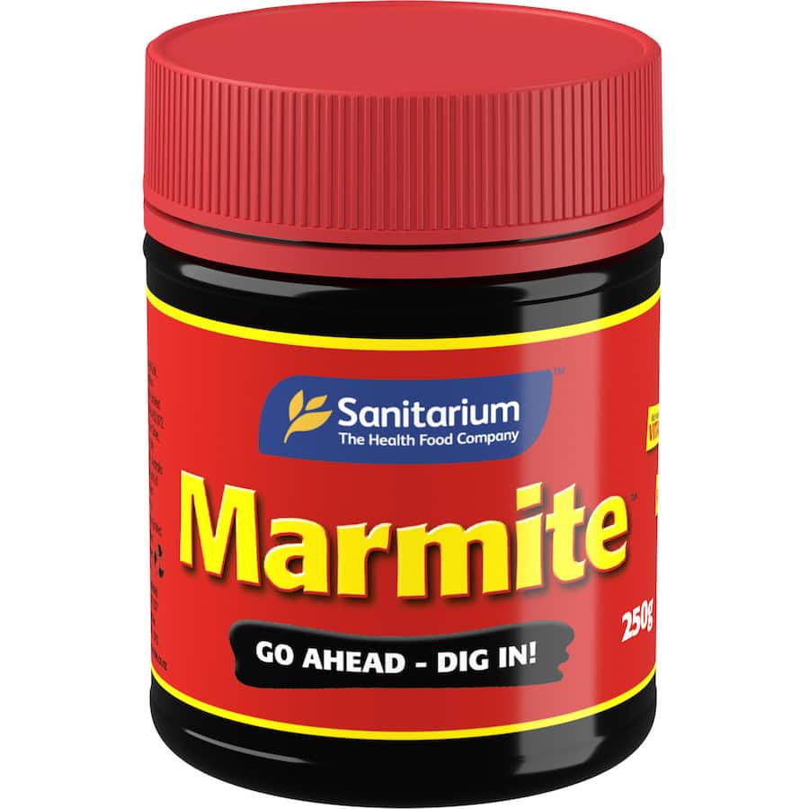 A jar of Sanitarium Marmite Yeast Spread, rich in B vitamins and perfect for a savory addition to meals and snacks.