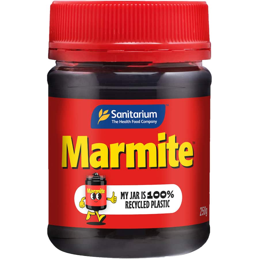 Sanitarium Marmite Yeast Spread jar showcasing rich, savory flavor, packed with B vitamins and ideal for various meals.
