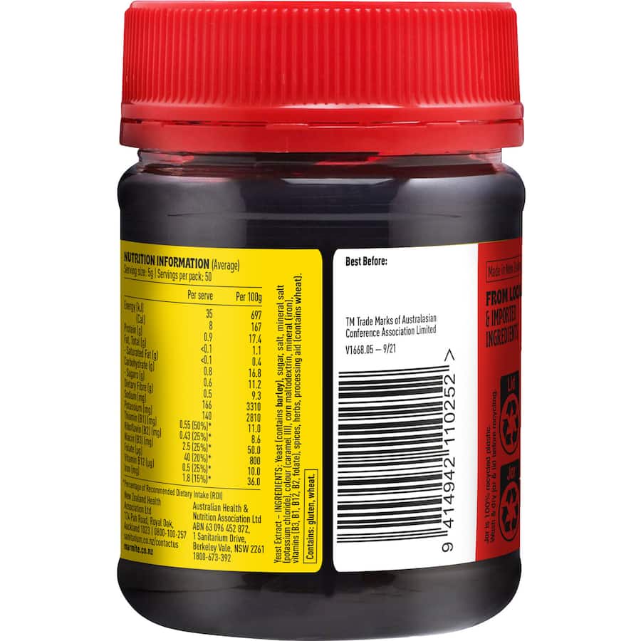 Sanitarium Marmite Yeast Spread in a jar, rich in B vitamins, perfect for toast, recipes, and a unique umami flavor.