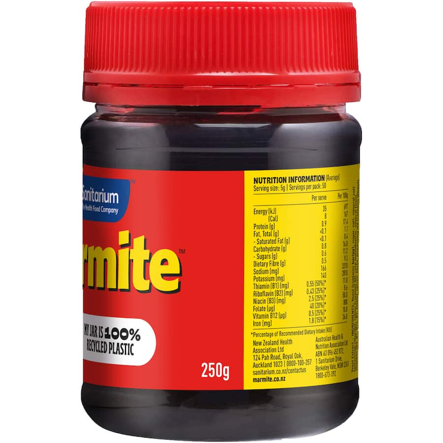 Sanitarium Marmite Yeast Spread jar, showcasing its rich taste, B vitamins, and versatile use for savory meals.