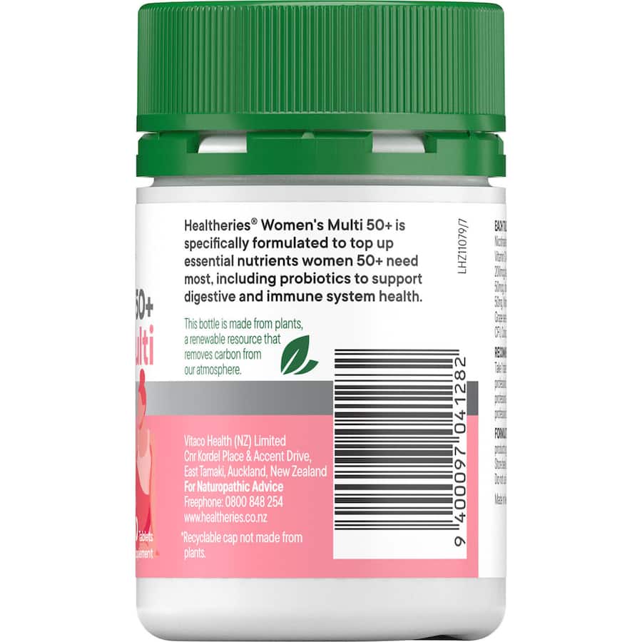 Healtheries Women's Multi One A Day for 50+, multivitamin for energy, skin, and eye health in an easy-to-swallow tablet.
