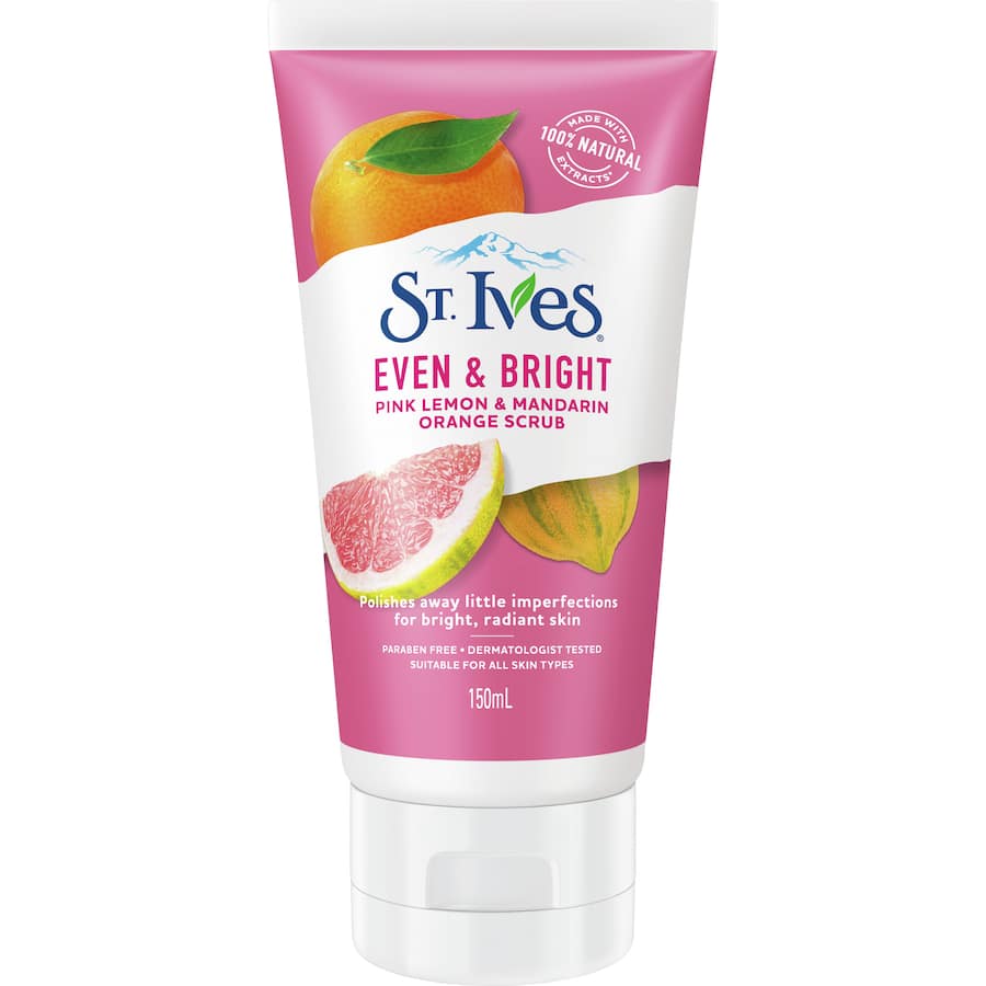 St Ives Facial Scrub with pink lemon and mandarin orange gently exfoliates for brighter, even-toned skin.