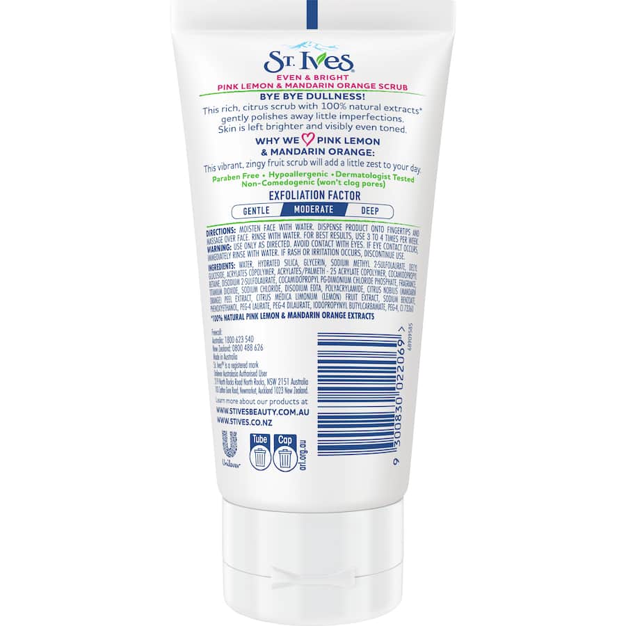 St Ives Facial Scrub with pink lemon and mandarin orange gently exfoliates for a brighter, even-toned complexion.