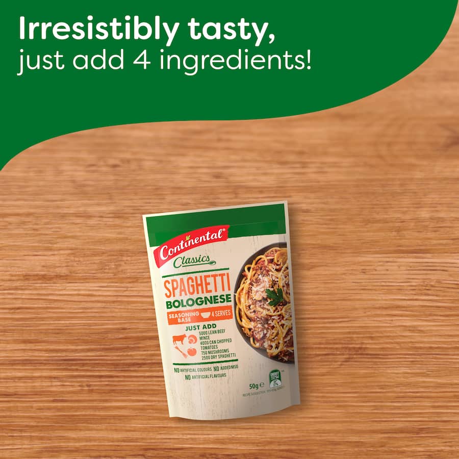 Continental Classics Spaghetti Bolognese base features tomatoes, herbs, and spices for a quick, authentic Italian family meal.