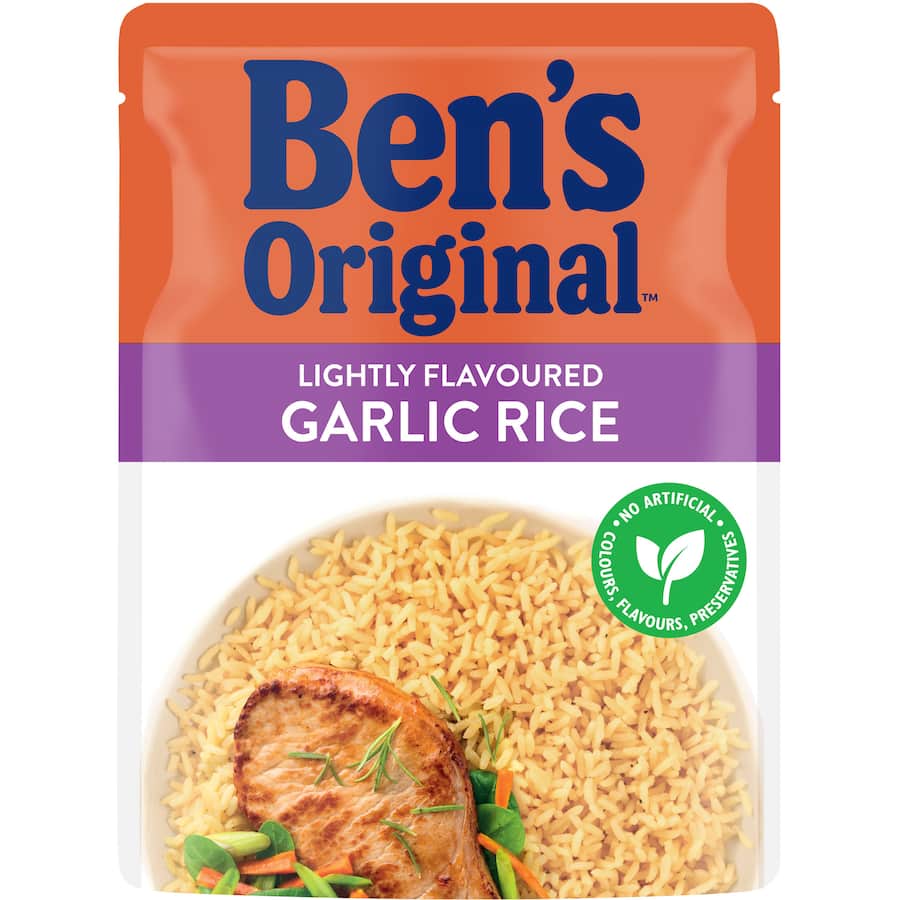 Microwaveable roasted garlic rice, ready in 90 seconds, free from artificial ingredients, ideal for quick vegetarian meals.