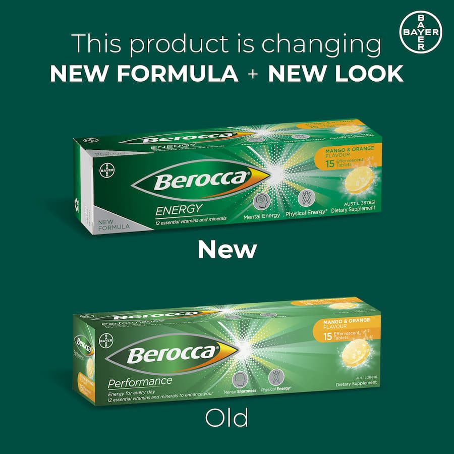 Effervescent vitamin drink with mango and orange flavor for energy, mental clarity, and immune support, made without artificial additives.