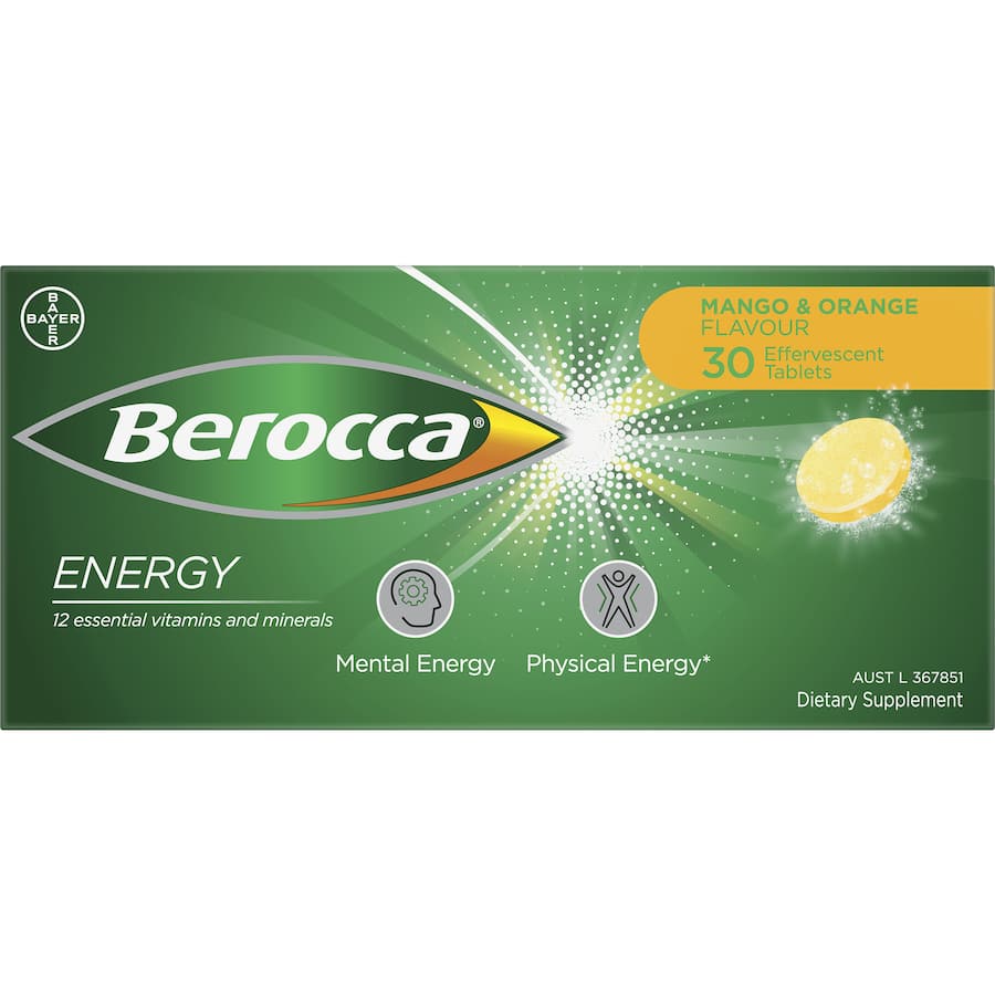 Effervescent Berocca tablets in Mango & Orange flavor for boosting energy, focus, and overall wellness with essential vitamins and minerals.