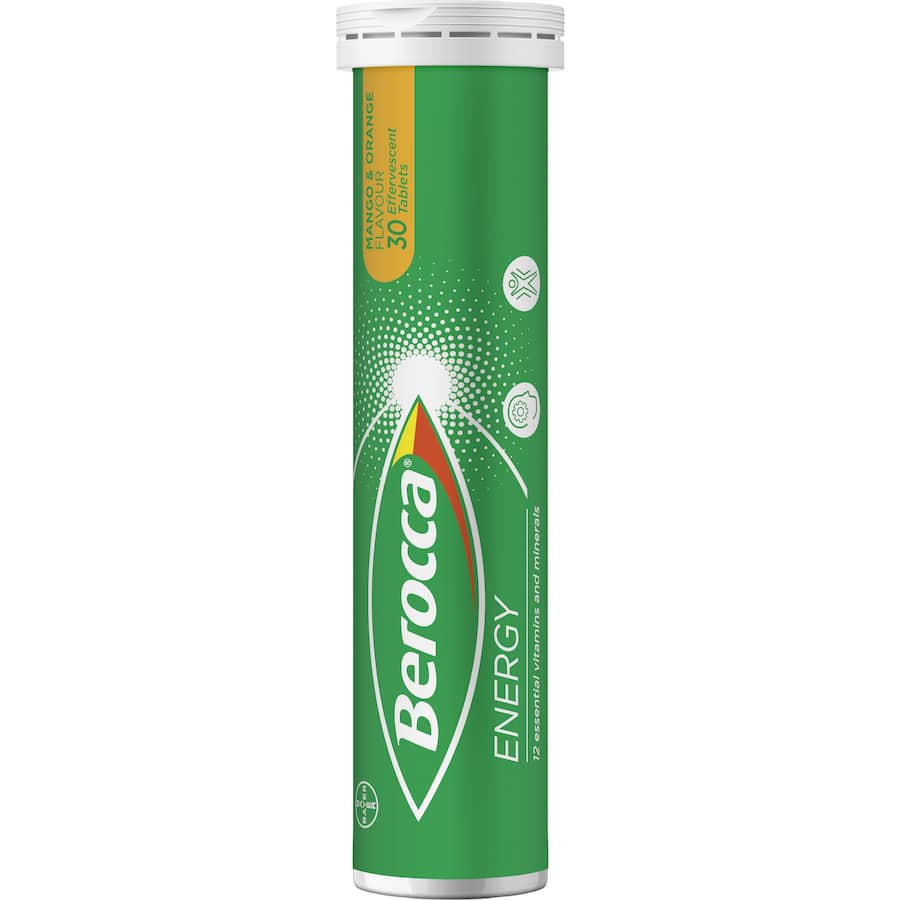 Effervescent Berocca tablets in Mango & Orange flavor boost energy and mental sharpness with essential vitamins and minerals.