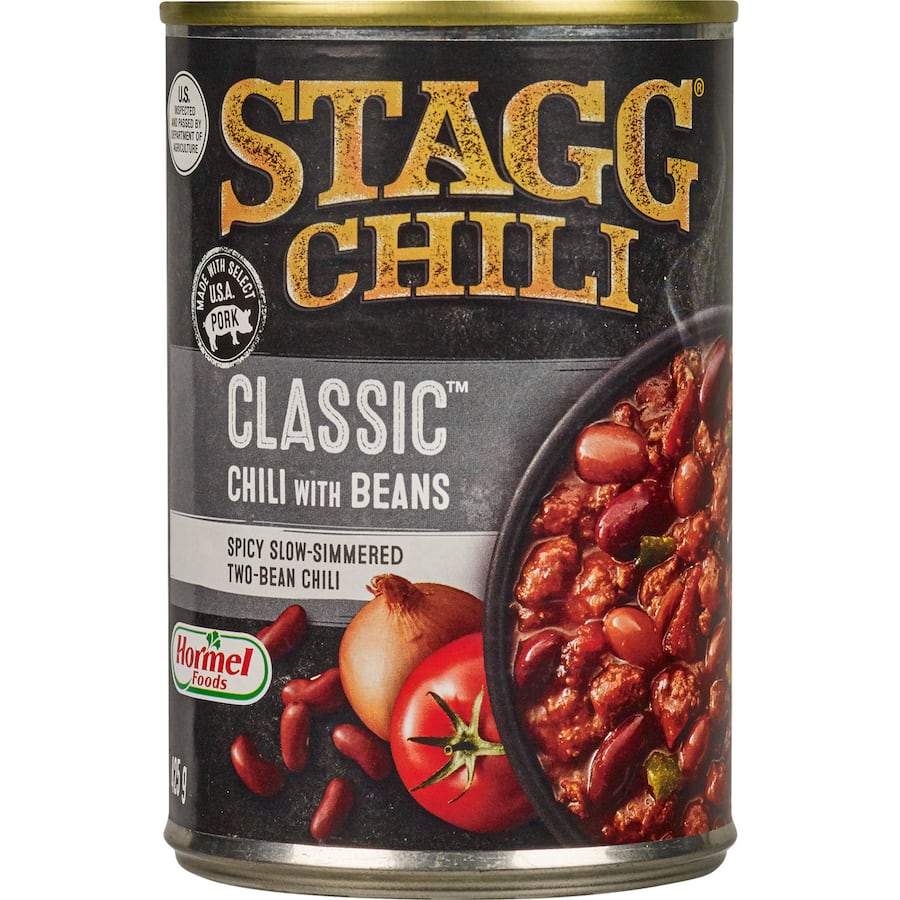 Canned Stagg Chili with pork and classic beans, perfect for quick meals, packed with flavor and protein.