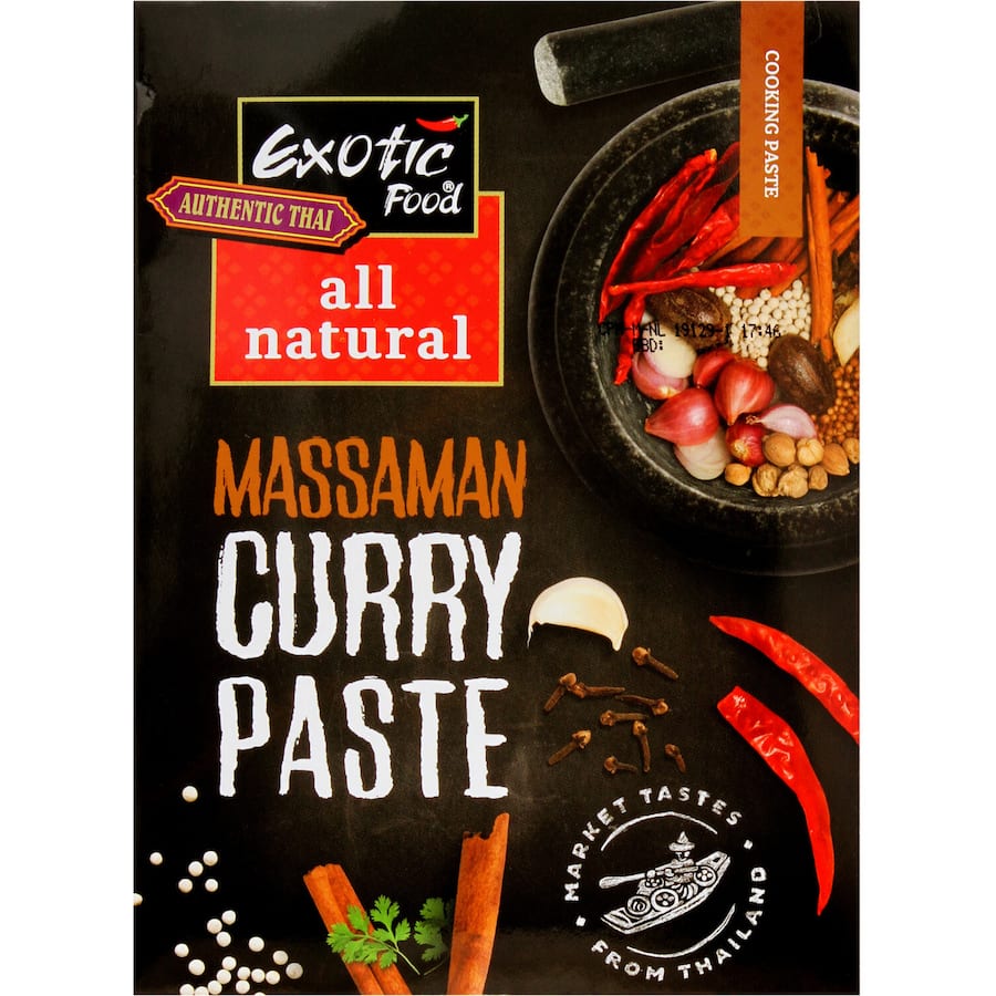 All-natural Massaman curry paste, bursting with authentic Thai flavors; perfect for quick meals and vegan dishes.