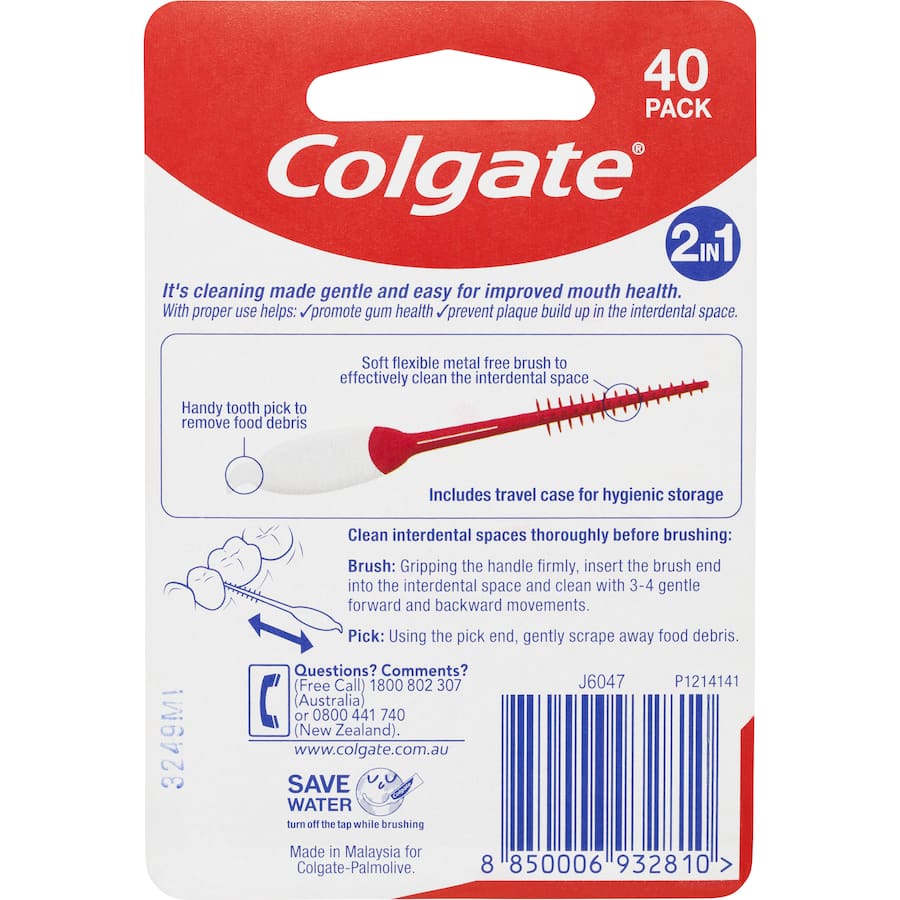 Colgate 2 in 1 Interdental Brush & Pick in a travel case for effective oral hygiene on-the-go, featuring a soft brush and toothpick.