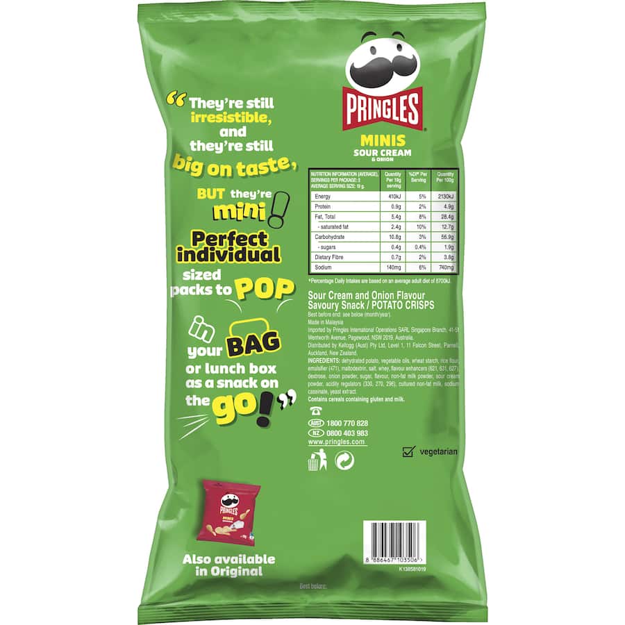 Pringles Chips Minis Sour Cream & Onion, 95g, featuring bold flavor in convenient snack-sized packs perfect for on-the-go.
