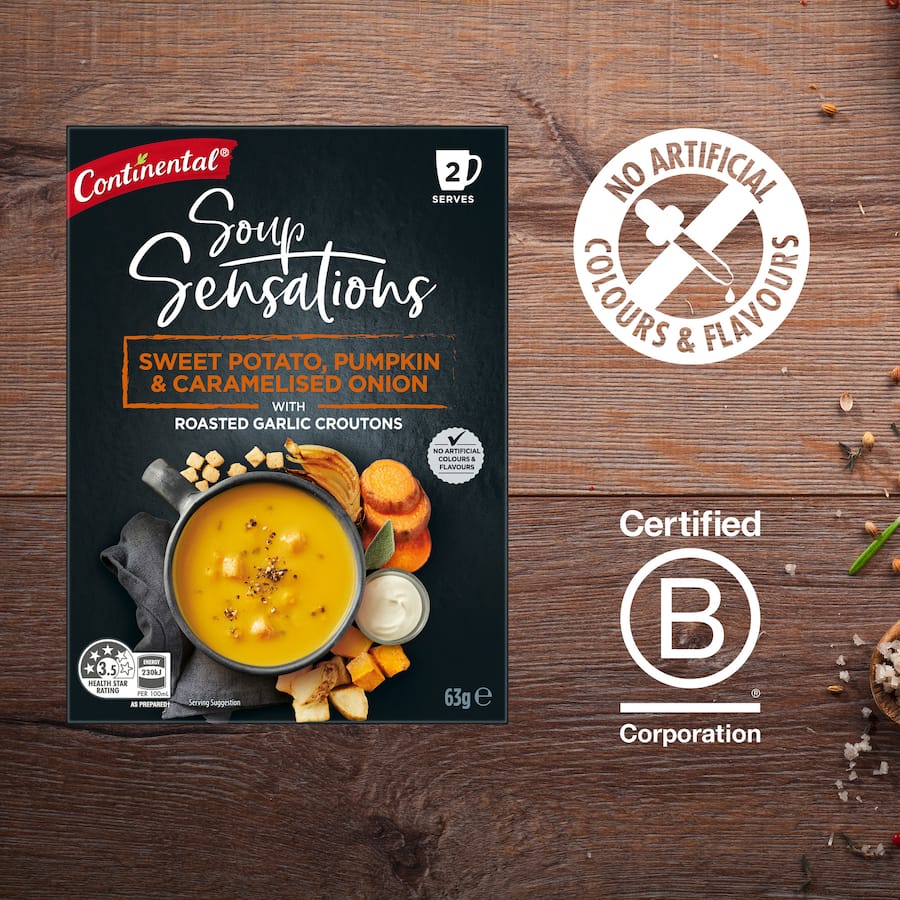 Creamy Sweet Potato and Pumpkin soup with caramelised onion and roasted garlic croutons, ready in under 1.5 minutes.
