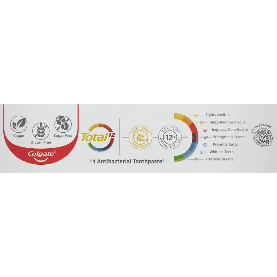 Colgate Total Antibacterial Toothpaste: fluoride formula for 12-hour protection, supports whole mouth health, fights plaque, and freshens breath.